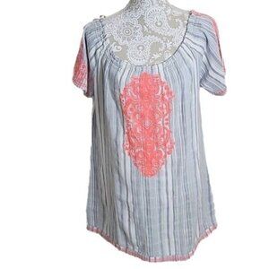 Blue Island Embroidered Mini Dress Short Sleeve Blue Striped Women's XL